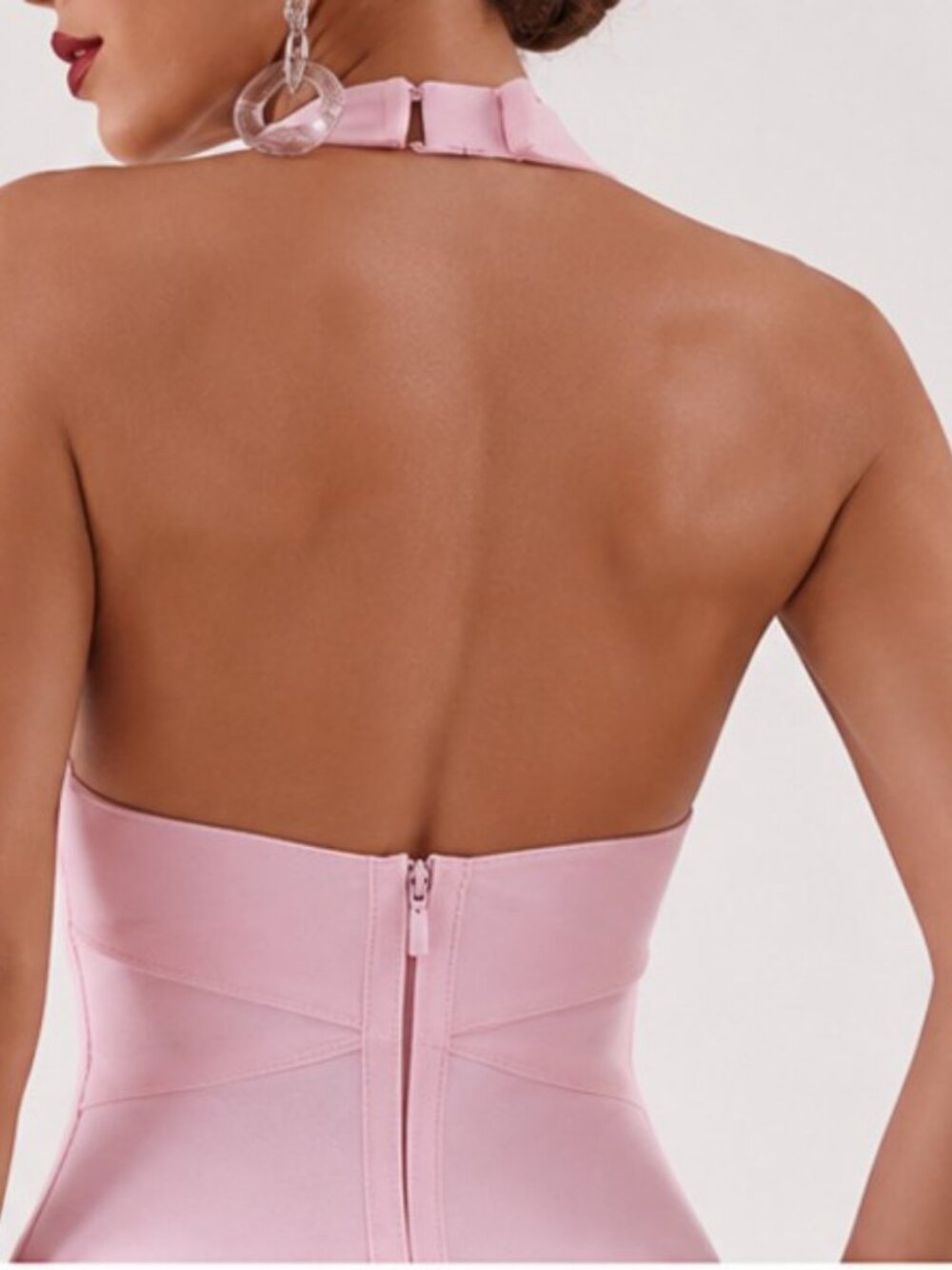 Petal Pink Halter Bandage Midi Dress | Deep V Open Back Bodycon | Size L - Picture 7 of 10